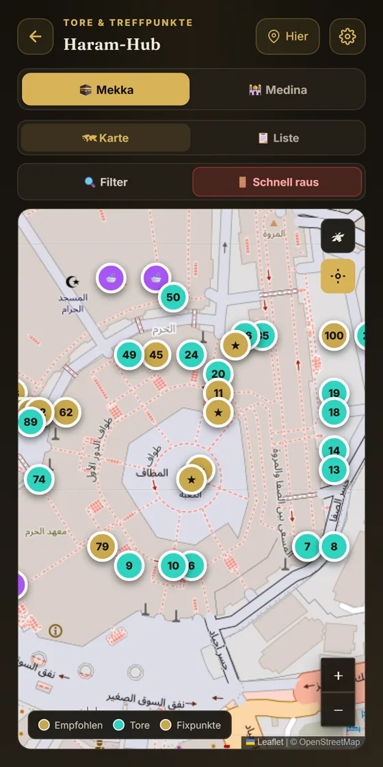 Haram-Hub der App: Karte von Masjid al-Ḥarām mit nummerierten Toren, Umschalter Mekka/Medina und Knopf „Schnell raus“
