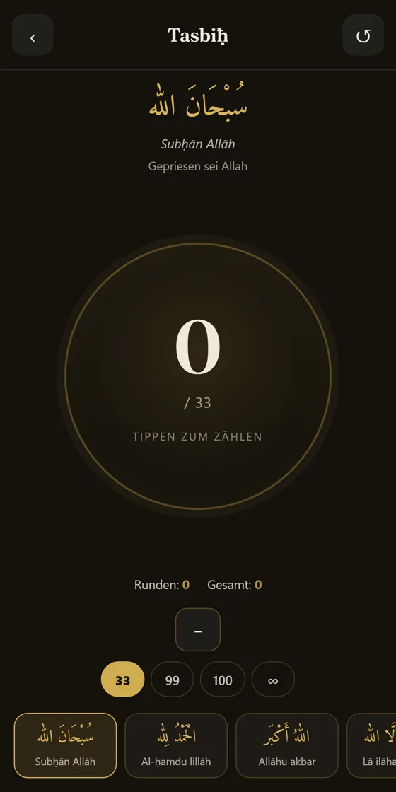 Tasbīḥ-Zähler der App mit großem Zählring und Dhikr-Auswahl