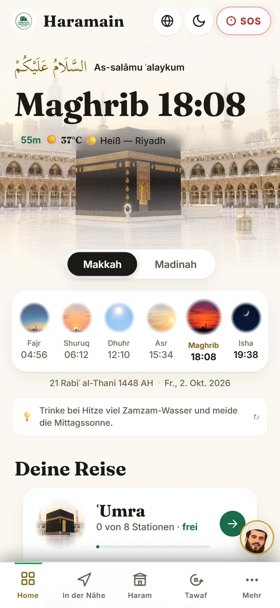 Startbildschirm mit Gebetszeiten und Reisezugriff
